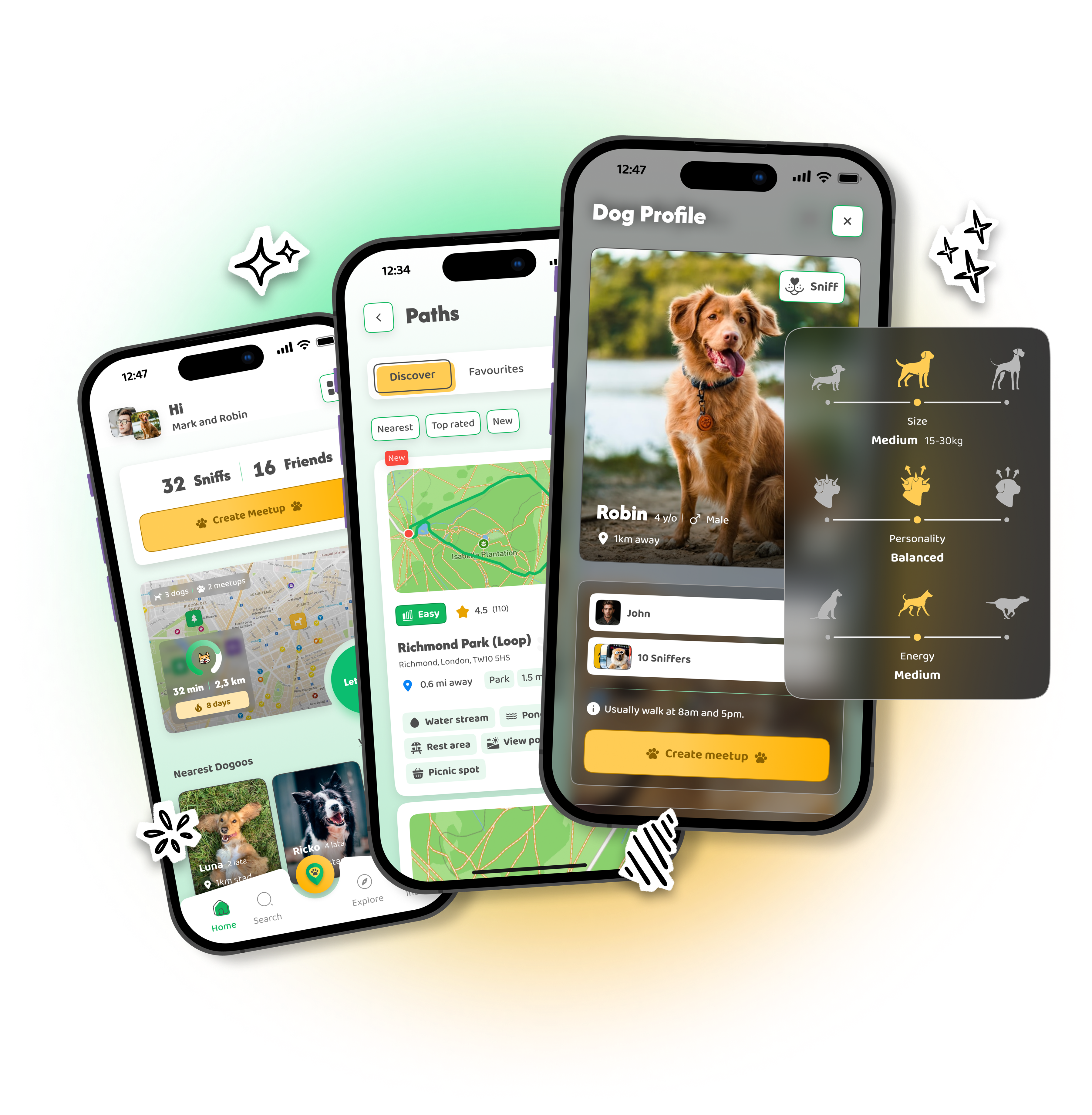 DOGOUT app screens: dog-friendly paths on the map, a dog profile and the home screen