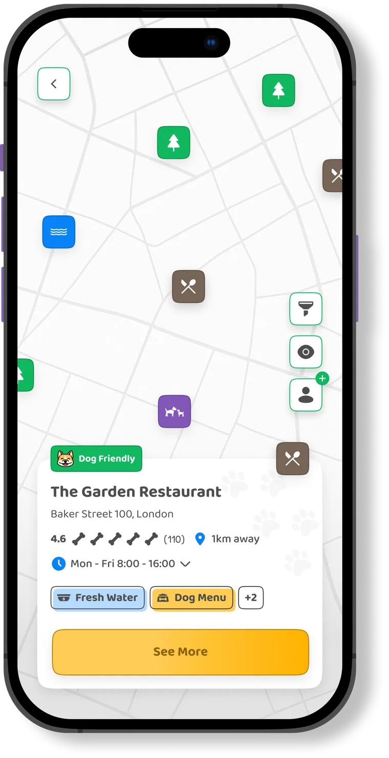 Der Kartenbildschirm der DOGOUT-App mit hundefreundlichen Orten
