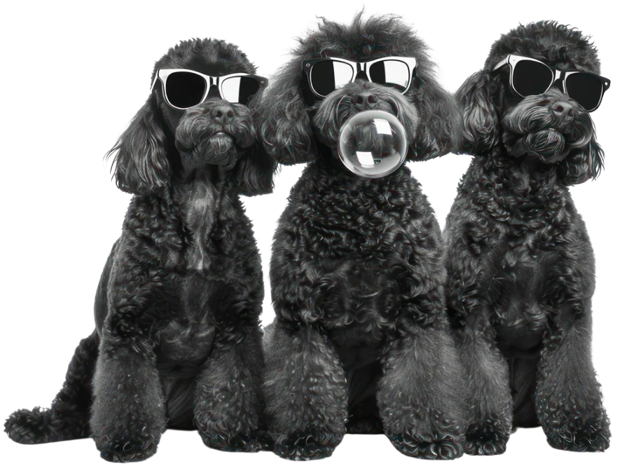 Drei schwarze Pudel mit Sonnenbrille, einer macht eine Kaugummiblase