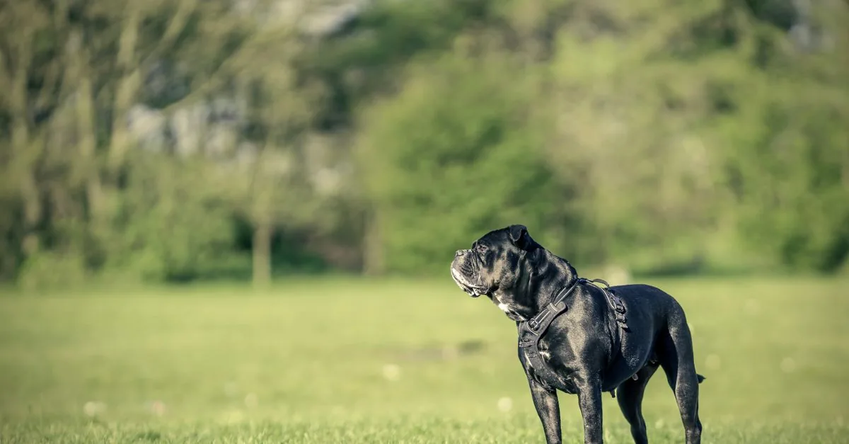 A Cane Corso sits calmly in a park next to its owner, watching the surroundings