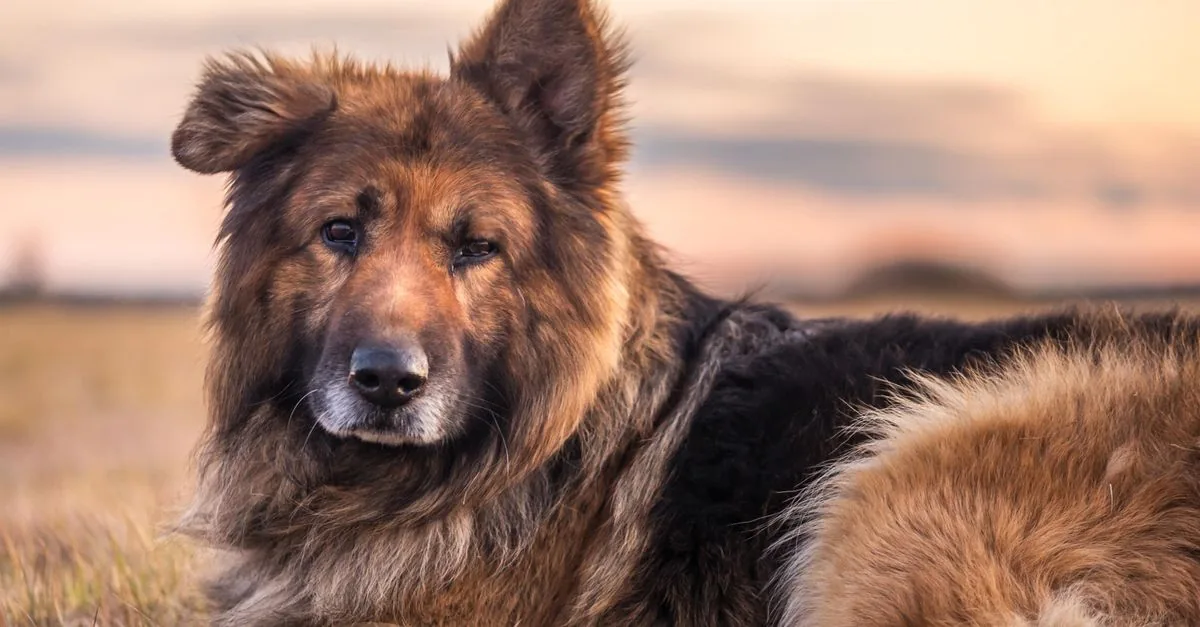Senior dog lying calmly on the floor and looking towards the camera