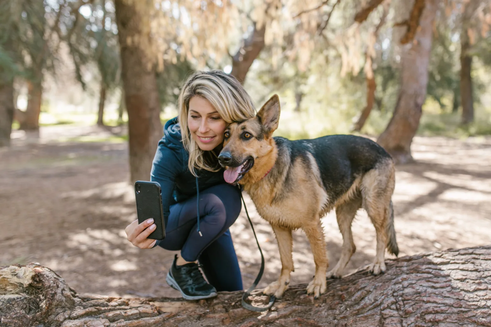 Woman checking an app on her phone during a dog walk