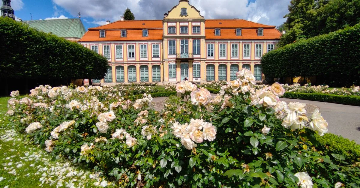 The Abbots' Palace in Oliwa Park, Gdansk, seen past blooming roses