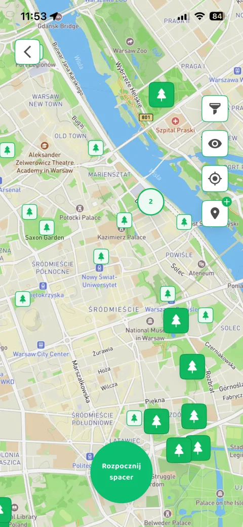 Live DOGOUT map with parks and green areas in central Warsaw
