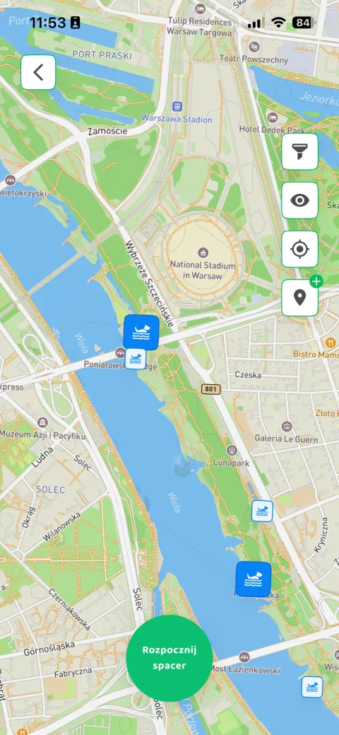 DOGOUT map showing swimming spots and water points along the Vistula in Warsaw