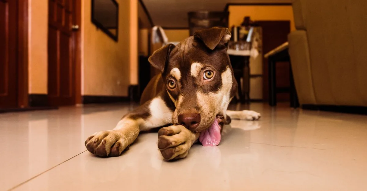 Dog licking its front paw while lying on the floor