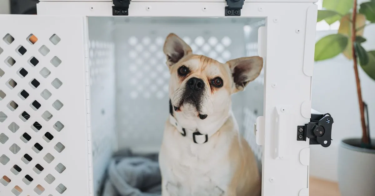 A dog resting calmly inside an open crate with a soft bed